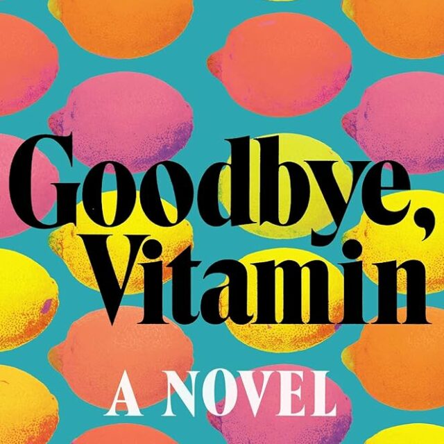 Copertina anglosassone del romanzo Bye Bye Vitamine, scritta nera su fondo di silhouette di limoni colorati di fucsia, giallo e arancione.