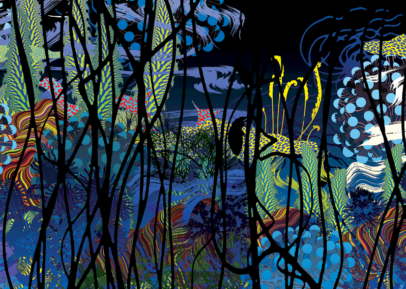 Illustrazione di vegetazione immaginaria e colorata su sfondo nortturno.