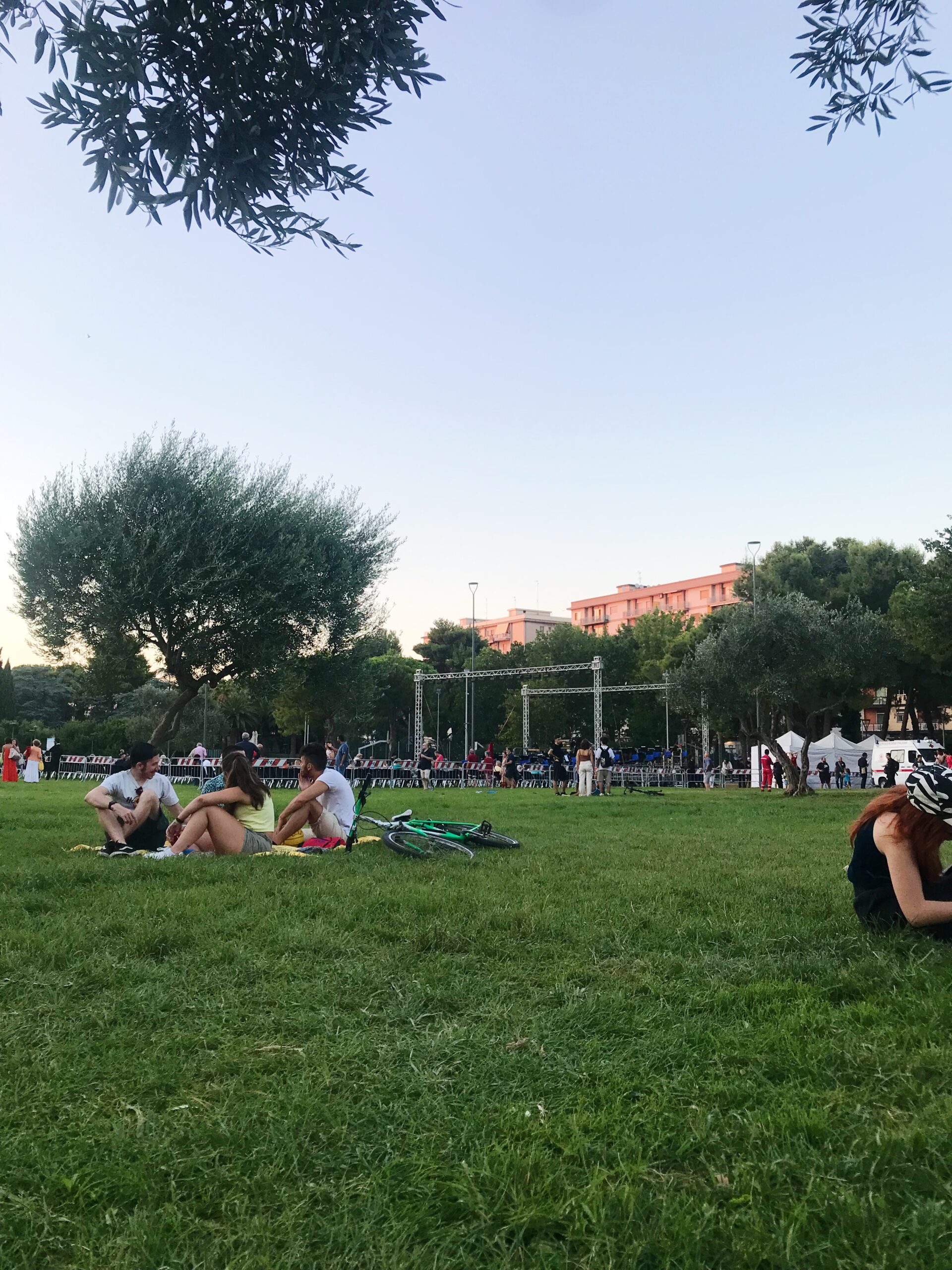 Prato di un parco con ragazzi e ragazze seduti a parlare