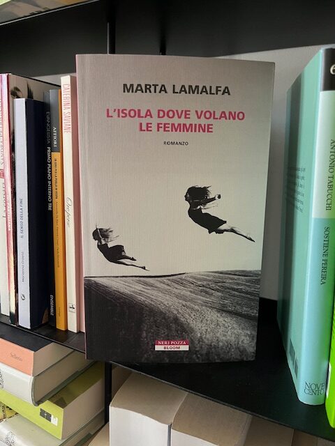 Un libro davanti a una libreria, nelal copertina due donne sembrano spiccare il volo